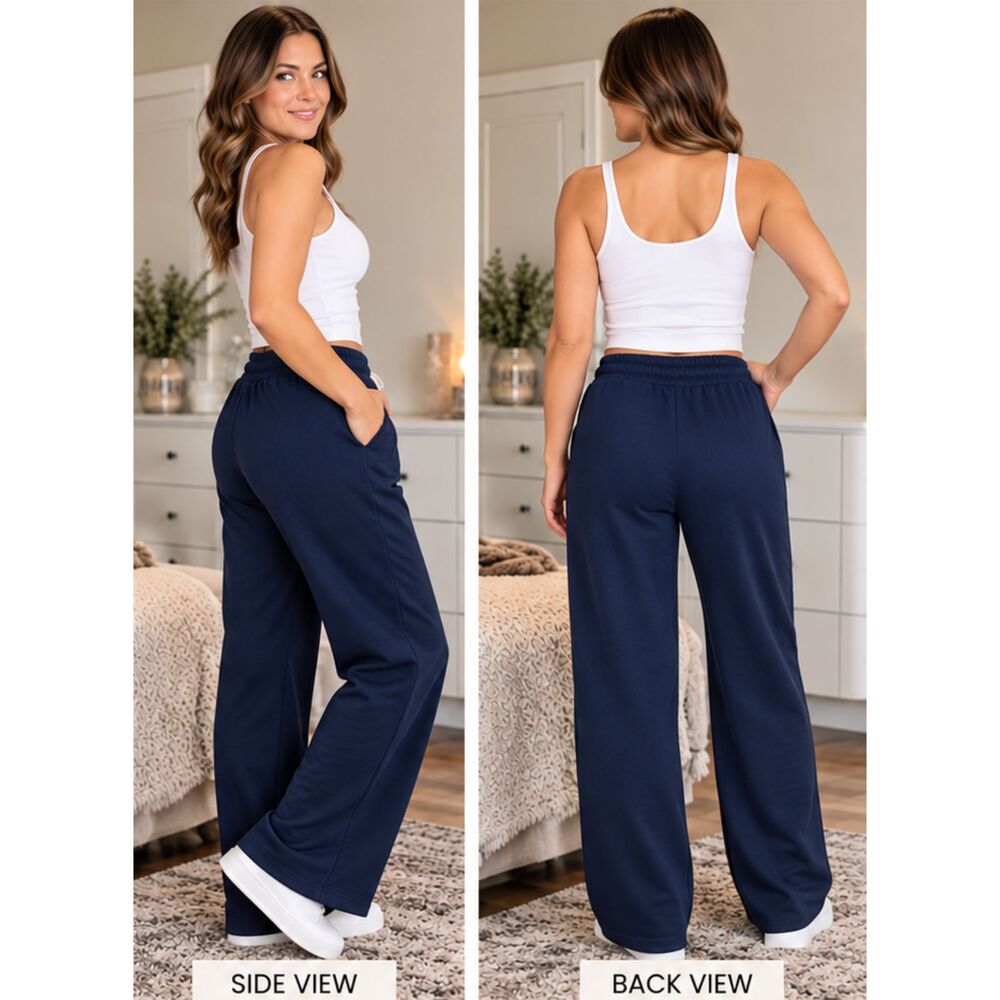 Women's L Navy Blue Heavyweight Sweatpants Open Bottom Drawstring Pockets - Picture 3 of 3